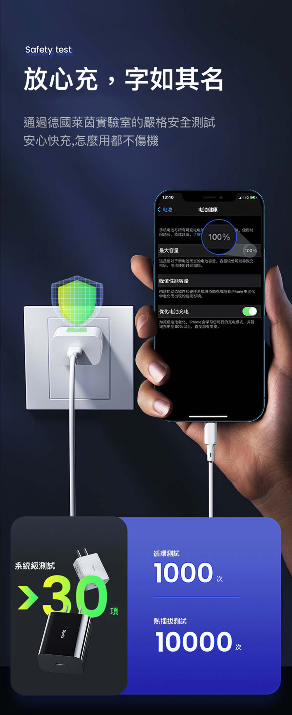Safety test放心字如其名通過德國萊茵實驗室的嚴格安全測試安心快充怎麼用都不傷機13:40  电池健康手机电池与所有可充电电池间长能越低了解使用时100%最大容量100%这是相对于新电池而言的电池容量,容量较低可能导致充电后,电池使用时间峰值性能容量内建的动态软件和硬件系统将协助克服电池化老化而出现的性能。优化电池充电为减缓电池老化,iPhone 会学习每日的充电模式,并暂充电至80%以上,直至有,循環測試系統級測試1000 30熱插拔測試